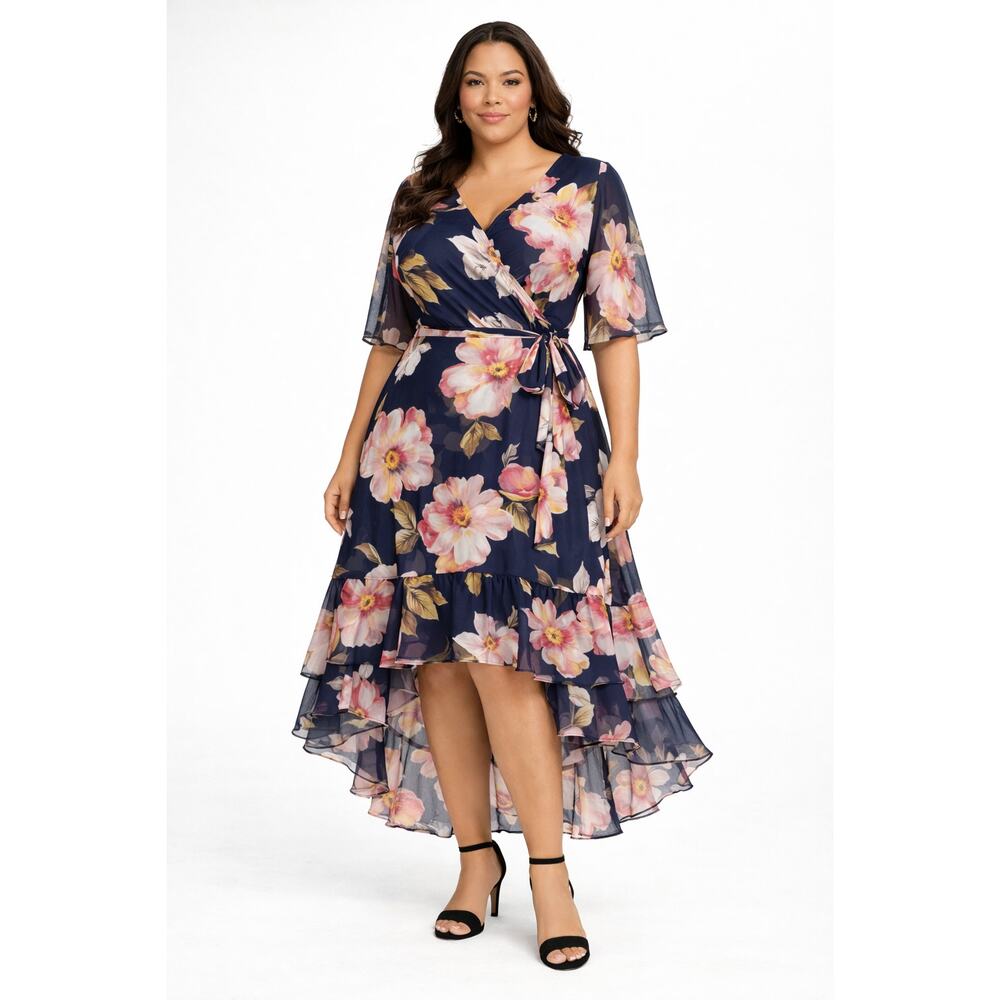 Connected Apparel Floral Wrap Dress Navy Pink Belted Midi 18W - NEW